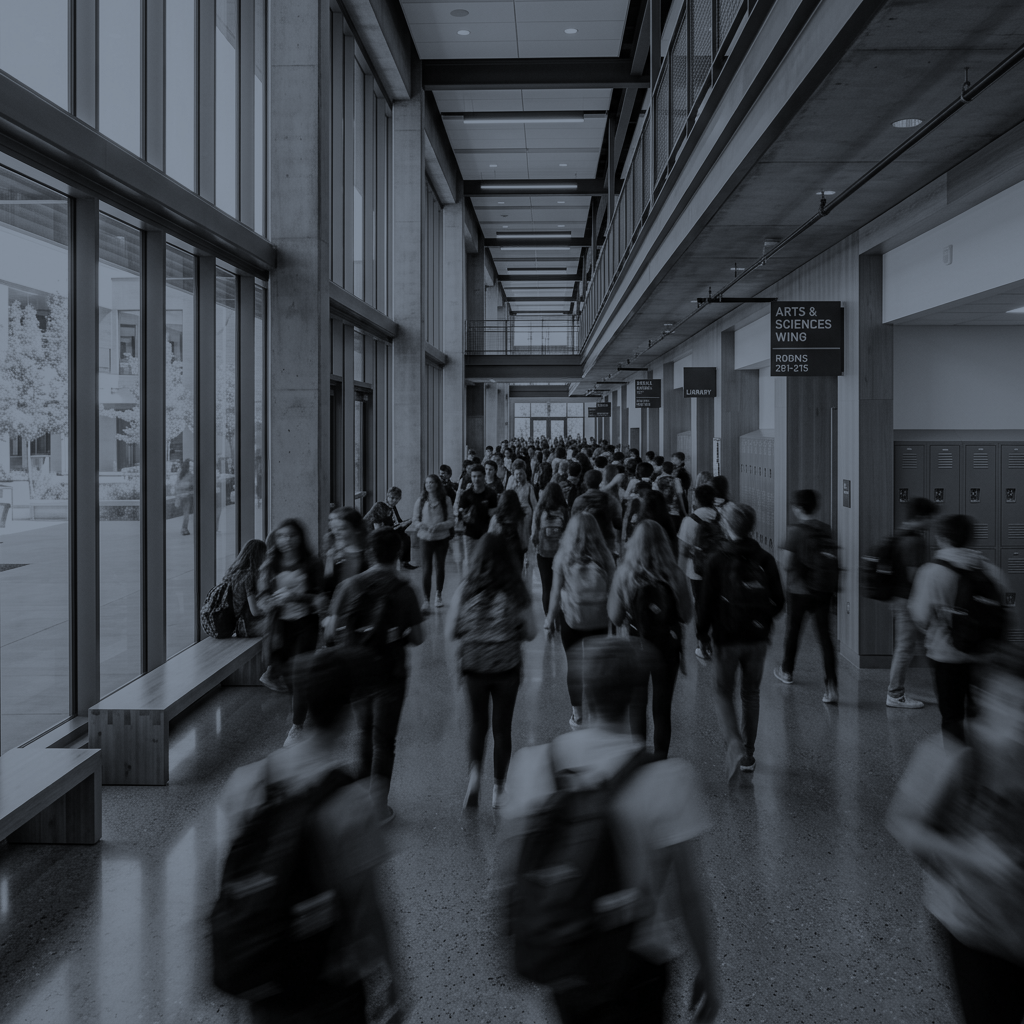 Bustling school corridor showing student activity